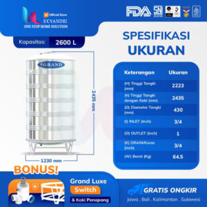 spesifikasi tangki air grand stainless steel 2600 liter